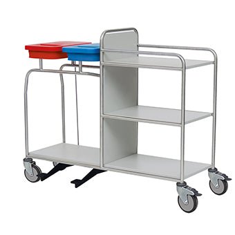 The Novocal station trolley is made of stainless steel with fully welded pipe connections and features three shelves, four wheels, two top-mounted containers (red and blue), and a practical foot pedal at the bottom.