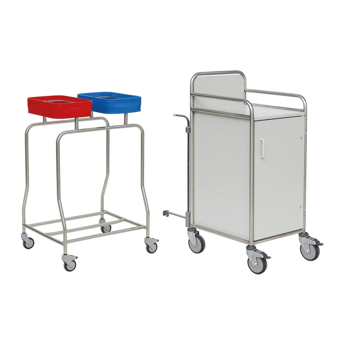 Two medical trolleys: a white transport trolley with a handle and the Novocal station trolley with a welded stainless steel frame. Both are ideal for use in medical facilities such as hospitals or clinics.