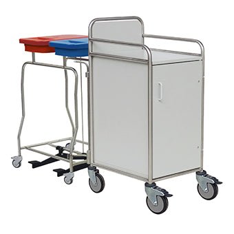 The Novocal station trolley made of stainless steel features all-around welded pipe connections, a white cabinet, four swivel casters, and two side containers with red and blue lids. Ideal for medical facilities.