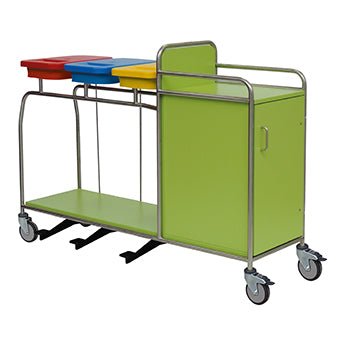 The Novocal station trolley made of stainless steel features a fully welded metal frame and includes three color-coded containers (red, blue, yellow) that are securely mounted on top for efficient waste collection.