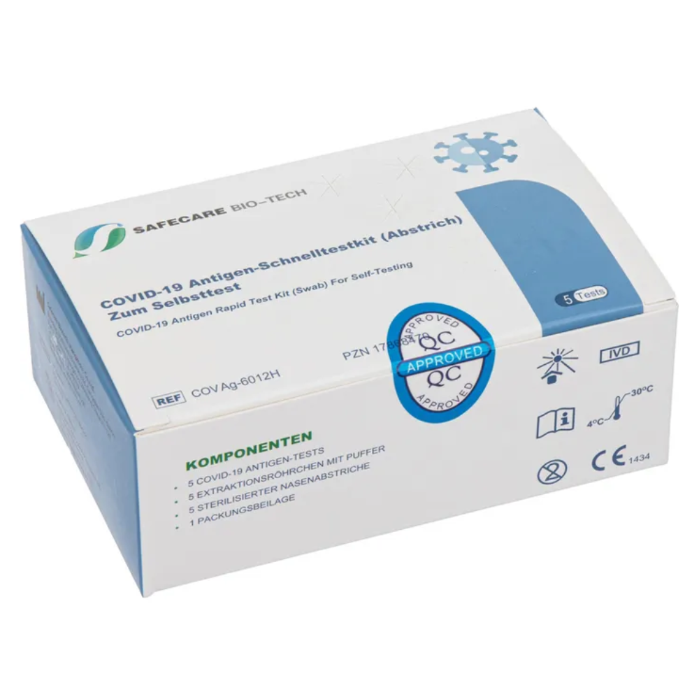 A blue-white box with the inscription “Safecare Home Test 5 COVID-19 Antigen Rapid Test | Pack (5 pieces)” from Safecare. This self-test kit contains five tests, is CE-certified, and provides results in just 15 minutes with storage instructions between 2 °C and 30 °C.