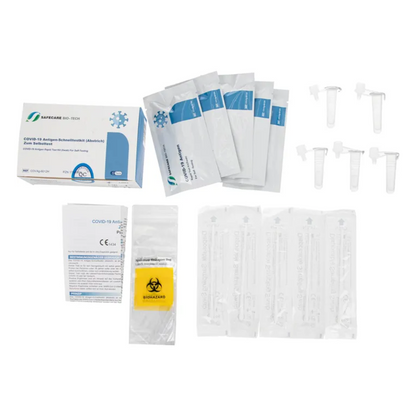 The Safecare Home Test 5 COVID-19 Antigen Rapid Test Kit is branded with Safecare. This self-test kit includes test cassettes in sealed pouches, an instruction manual, extraction tubes with caps, and a biohazard bag and provides results in just 15 minutes.
