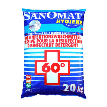 A blue bag with the inscription „Rösch Sanomat Disinfection Detergent“ is marked on the front with a red cross and „60°“, indicating its use as a 20 kg disinfectant. The product of Rösch Germany GmbH is RKI-listed and VAH-certified, with information available in German and French.