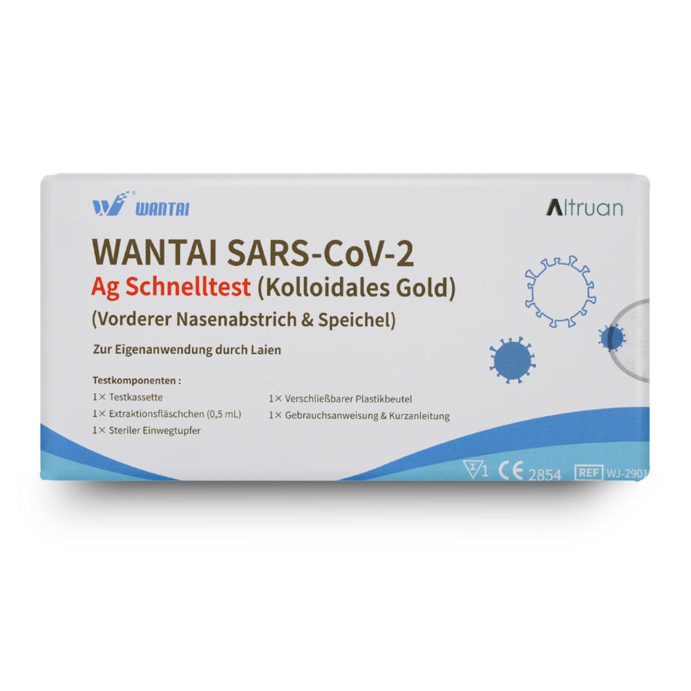 Image of a Wantai SARS-CoV-2 rapid test for quick antigen tests with colloidal gold technology. The kit includes instructions for nasal swabs and saliva samples. The packaging features blue graphics and Altruan branding, emphasizing its status as a premium lollipop test option for reliable results.