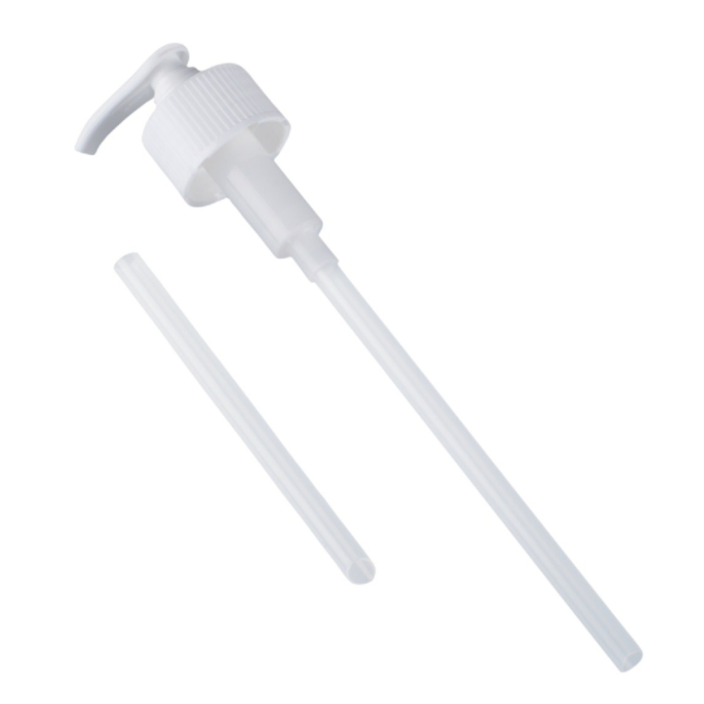 The discontinued item from Schülke & Mayr GmbH: Schülke dosing pump for 500 ml / 1 L | 1 piece, a white plastic pump with an extra extension tube, allows precise dosing and hygienic application against a white background.