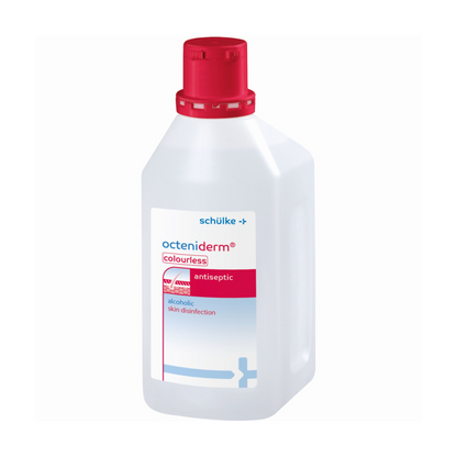 White plastic bottle with Octeniderm® colorless skin antiseptic from Schülke & Mayr GmbH, an alcohol-free skin disinfectant with a red cap, on a monochrome background. The label contains