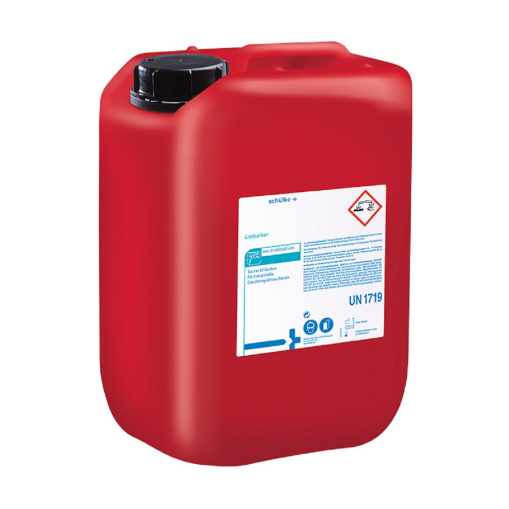 A large red 10L canister of Schülke & Mayr GmbH dishwasher descaler (UN 1719) with a black lid and white hazard label, for commercial dishwashers. Discontinued item: Schülke dishwasher descaler | Canister (10 l).