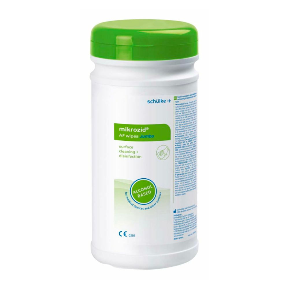 A container of Schülke mikrozid® AF wipes disinfectant wipes from Schülke & Mayr GmbH for surface cleaning and disinfection. The white bottle has a green cap and the label contains instructions for use and a CE mark.