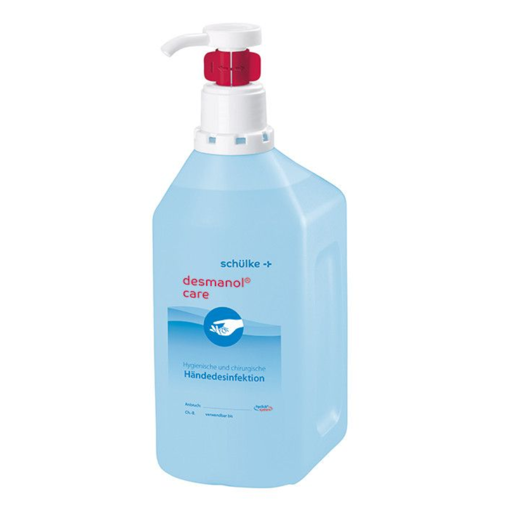 A bottle of Schülke desmanol® care hand disinfectant with a pump dispenser, labels in blue and white with mostly German text and the inscription “Skin care formula” from Schülke & Mayr GmbH.
