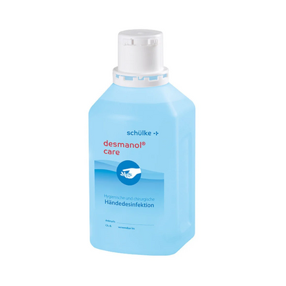 A bottle of Schülke desmanol® care hand disinfectant from Schülke & Mayr GmbH with a white cap and a label in blue and white colors, indicating product use and brand. The liquid inside appears