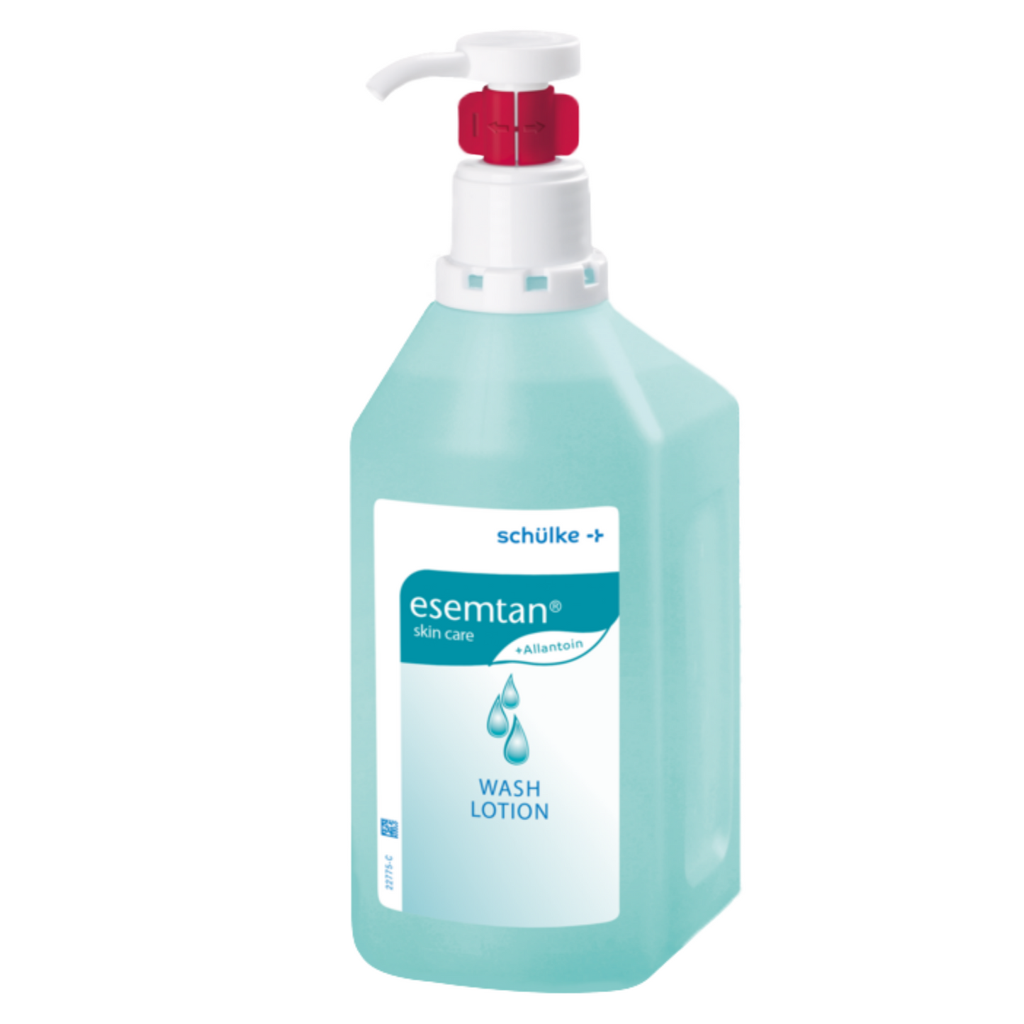 A rectangular, translucent blue 1-liter bottle with a white-red pump, labeled with “esemtan® skin care washing lotion” by Schülke & Mayr GmbH, with blue text, water drop graphics, and marked as a discontinued item.