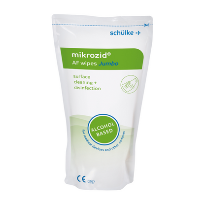 A pack of Schülke mikrozid® AF wipes disinfectant wipes from Schülke & Mayr GmbH for rapid disinfection. The white-green packaging contains product information and application symbols.