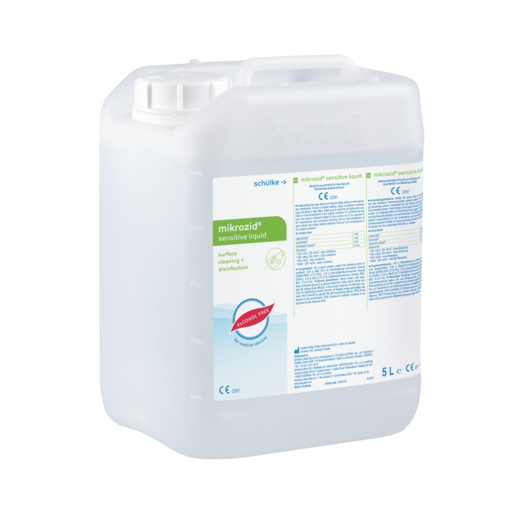 A 5-liter plastic container with liquid surface disinfectant Schülke mikrozid® sensitive from Schülke & Mayr GmbH, equipped with labels containing product information and safety instructions in multiple languages.