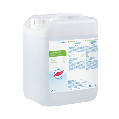 A 5-liter plastic container with liquid surface disinfectant Schülke mikrozid® sensitive from Schülke & Mayr GmbH, equipped with labels containing product information and safety instructions in multiple languages.