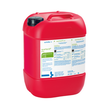 Ein großer roter 10-Liter-Kunststoffkanister mit schwarzem Schraubverschluss und Griff, der mit einem weißen Etikett für den Auslaufartikel der Schülke & Mayr GmbH versehen ist: schülke quartacid® plus Flächendesinfektion Konzentrat.