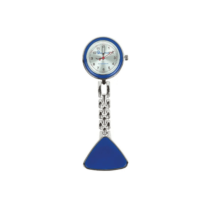 The Altruan nurse watch with clip & chain features a round analog design, a white dial, blue accents, and a triangular blue piece. Black and red hands contrast with the visible numbers, providing a practical and simple look ideal for caregivers.