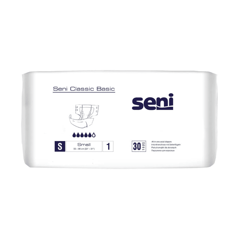 A pack of Seni Classic Basic incontinence pants (size S, 30 pieces, 55-80 cm) from TZMO Deutschland GmbH with a breathable outer layer for comfort in case of bladder weakness; Contains diagrams and absorbency symbols on the packaging.