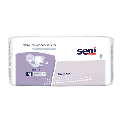 A pack of Seni Classic Plus incontinence pants (size S-XL) from TZMO Deutschland GmbH contains 30 pieces. The white-light purple packaging shows product details and the Seni logo on the front.