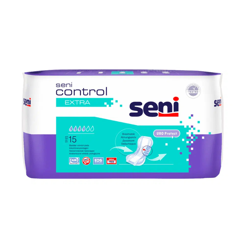 A pack of Seni Control Extra incontinence pads (15 pieces) from TZMO Deutschland GmbH, with purple-white packaging with blue-green accents, information on absorbency, and graphics highlighting comfort and discretion on a white background.