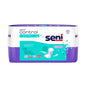 A pack of Seni Control Extra incontinence pads (15 pieces) from TZMO Deutschland GmbH, with purple-white packaging with blue-green accents, information on absorbency, and graphics highlighting comfort and discretion on a white background.