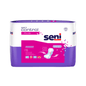 A pack of Seni Control Plus incontinence pads from TZMO Deutschland GmbH contains 15 pads, features leak protection, and is delivered in a purple-white package with product branding and an image of the pads on the front.