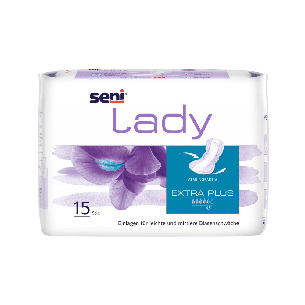The Seni Lady Extra Plus pad from TZMO Deutschland GmbH comes in a pack of 15, ideal for light to moderate bladder weakness. The white-purple packaging with floral design is breathable and designed for women.
