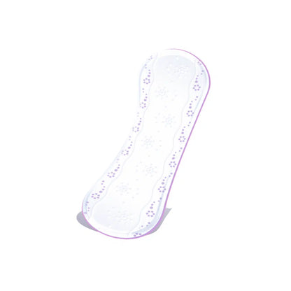 On a white background, a Seni Lady Slim Micro Plus pad (package, 20 pieces) from TZMO Deutschland GmbH is shown – a curved, floral patterned incontinence pad for women with purple edges.