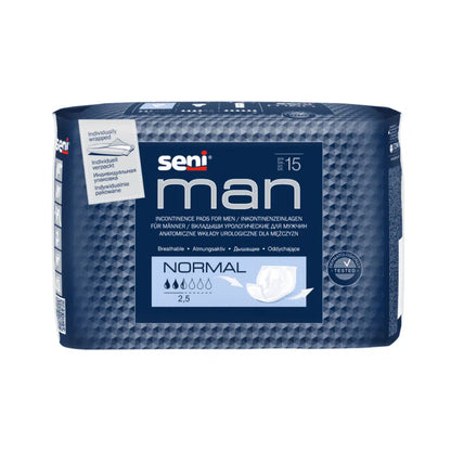 A blue package of Seni Man Normal incontinence pad for men from TZMO Deutschland GmbH contains 15 pads with an absorbency of 2.5 out of 6 drops – for discretion and safety.