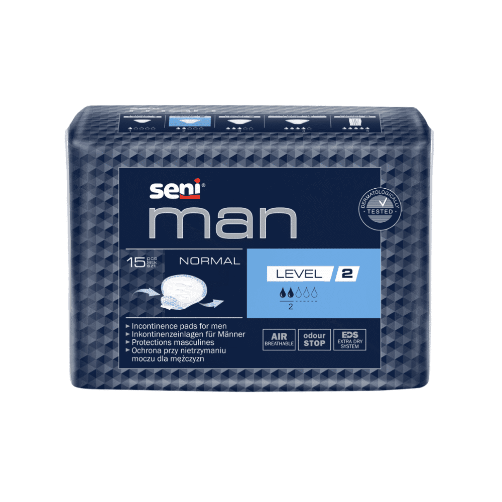 A pack of 15 discontinued items: Seni Man Normal Level 2 incontinence pad from TZMO Deutschland GmbH for men, with normal absorbency. The packaging is dark blue with white and light blue multilingual text and pictograms.