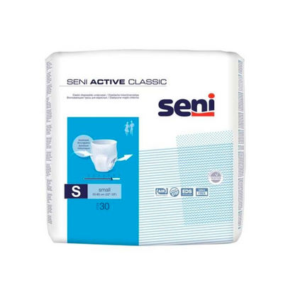 A pack of Seni Active Classic Pants incontinence pants from TZMO Deutschland GmbH in size Small impresses with its blue-white design and highlights capacity, product details, and increased wearing comfort for people with bladder weakness.
