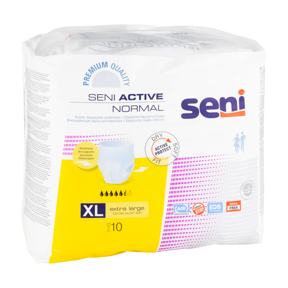 A pack of 10 Seni Active Normal incontinence pants from TZMO Deutschland GmbH in size XL for bladder weakness. The predominantly white packaging is equipped with yellow accents, airflow and leakage protection symbols, as well as a practical wetness indicator.