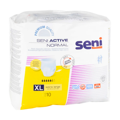 A pack of 10 Seni Active Normal incontinence pants from TZMO Deutschland GmbH in size XL for bladder weakness. The predominantly white packaging is equipped with yellow accents, airflow and leakage protection symbols, as well as a practical wetness indicator.