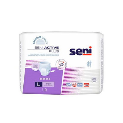 A pack of Seni Active Plus incontinence pants from TZMO Deutschland GmbH, size L, with a purple-white design and product info on the front. Contains 10 highly absorbent diapers for bladder weakness.