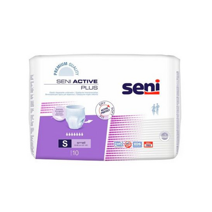 A pack of Seni Active Plus incontinence pants from TZMO Deutschland GmbH in size S features a purple-white design with clearly visible product name, functions, and symbols on the packaging.