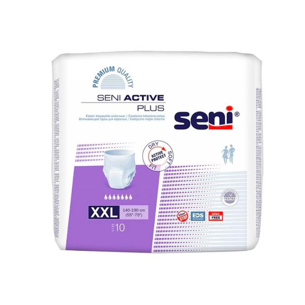 A 10-pack of Seni Active Plus incontinence pants (size XXL, 140-190 cm) from TZMO Deutschland GmbH comes in a white-violet packaging displaying product details and a diaper image on the front.