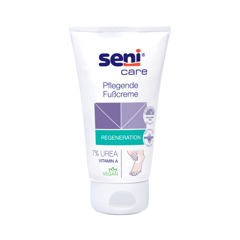 The 100ml Seni Care Nourishing Foot Cream by TZMO Deutschland GmbH regenerates with 7% urea, vitamin A for moisture, and is vegan certified. The dermatologically approved packaging shows an image of a foot and cream.