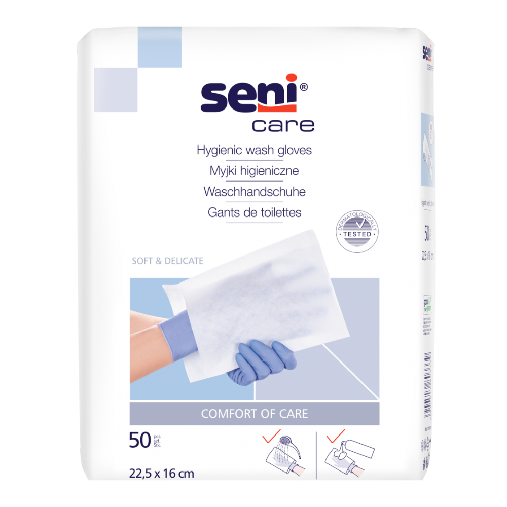 A pack of Seni Care wash gloves from TZMO Deutschland GmbH is displayed. On the front, product details are highlighted, including dimensions (22.5 x 16 cm), quantity (50 pieces), and an image of a gloved hand holding a folded glove made of soft nonwoven fabric. Labels in multiple languages emphasize the quality status of the care products.
