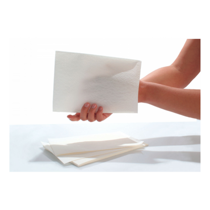 A hand holds a sheet that resembles the material of the Seni Care wash gloves from TZMO Deutschland GmbH. Below, several similar sheets are scattered on a plain white background.