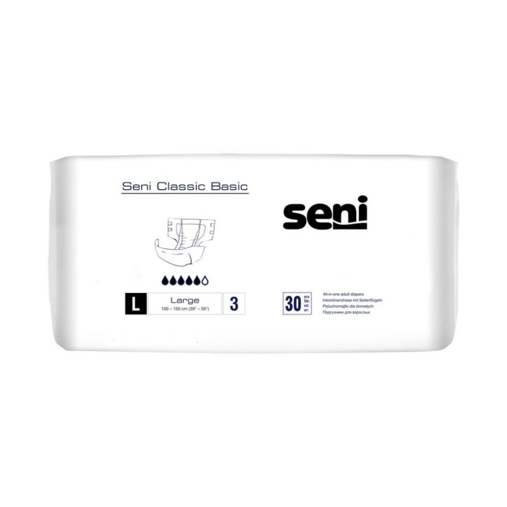 A rectangular pack of Seni Classic Basic incontinence pants, size L from TZMO Deutschland GmbH, shows a diaper illustration, absorbency level 3, "30 pieces" per pack, and a breathable outer layer.