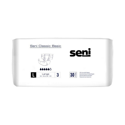 A rectangular pack of Seni Classic Basic incontinence pants, size L from TZMO Deutschland GmbH, shows a diaper illustration, absorbency level 3, "30 pieces" per pack, and a breathable outer layer.