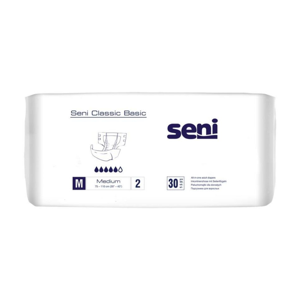 A white pack labeled "Seni Classic Basic Incontinence Pants, Size S-XL" from TZMO Deutschland GmbH features the Seni logo, a size symbol, absorbency information, a breathable outer layer, and indicates that 30 pieces are included for bladder weakness.