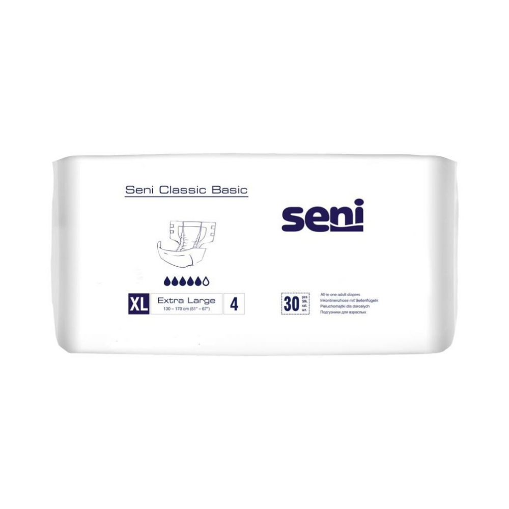 A 30-pack of Seni Classic Basic incontinence pants (size XL) from TZMO Deutschland GmbH for bladder weakness is marked with four drop symbols, the white packaging is adorned with blue text and blue symbols.