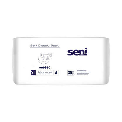 A 30-pack of Seni Classic Basic incontinence pants (size XL) from TZMO Deutschland GmbH for bladder weakness is marked with four drop symbols, the white packaging is adorned with blue text and blue symbols.