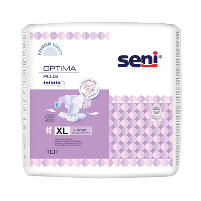 A package of Seni Optima Plus incontinence pads with waistband from TZMO Deutschland GmbH, size XL, in a purple-white design offers high-quality and ergonomic waistband protection. Content: 10 pieces.