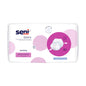 The image shows a pack of Seni San Plus Extra incontinence pads (30 pieces) from TZMO Deutschland GmbH. The white packaging with pink and purple circles bears the product name, an image of a pad, and highlights premium quality and safety leak protection.