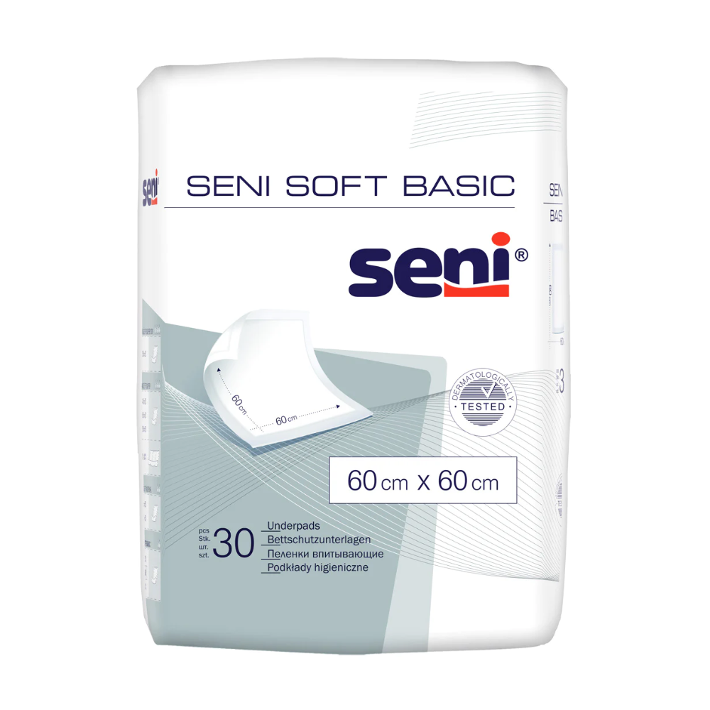 A pack of Seni Soft Basic bed protection pads from TZMO Deutschland GmbH, with product image, available in various sizes (e.g., 60 x 60 cm), contains 30 pads and offers protection with multilingual product information.
