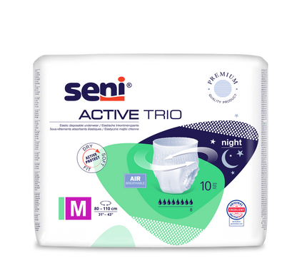 A pack of Seni Active Trio incontinence pants from TZMO Deutschland GmbH, size M (80-110 cm), for severe incontinence with night protection. The packaging shows the product and highlights breathability and dermatological testing.