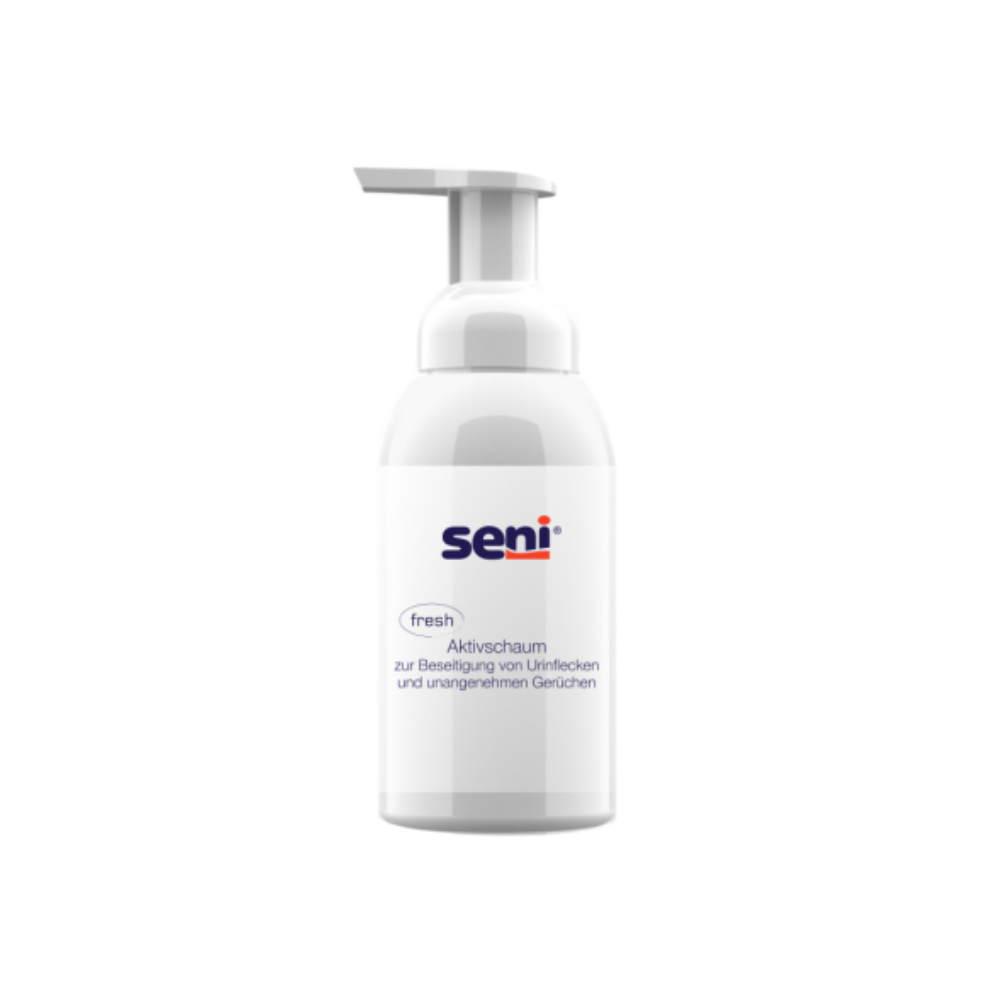The "Seni fresh Active Foam for the removal of urine stains" from TZMO Deutschland GmbH is a white bottle with a pump dispenser for removing urine stains and eliminating odors, with German descriptions highlighting its effectiveness.