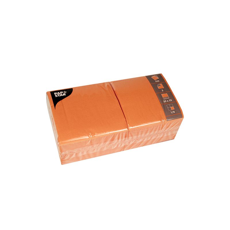 A sealed package of orange PAPSTAR 250 napkins, 3-ply, 1/4-fold from PAPSTAR GmbH, packaged in plastic with a label featuring the brand and product details in the top left corner.