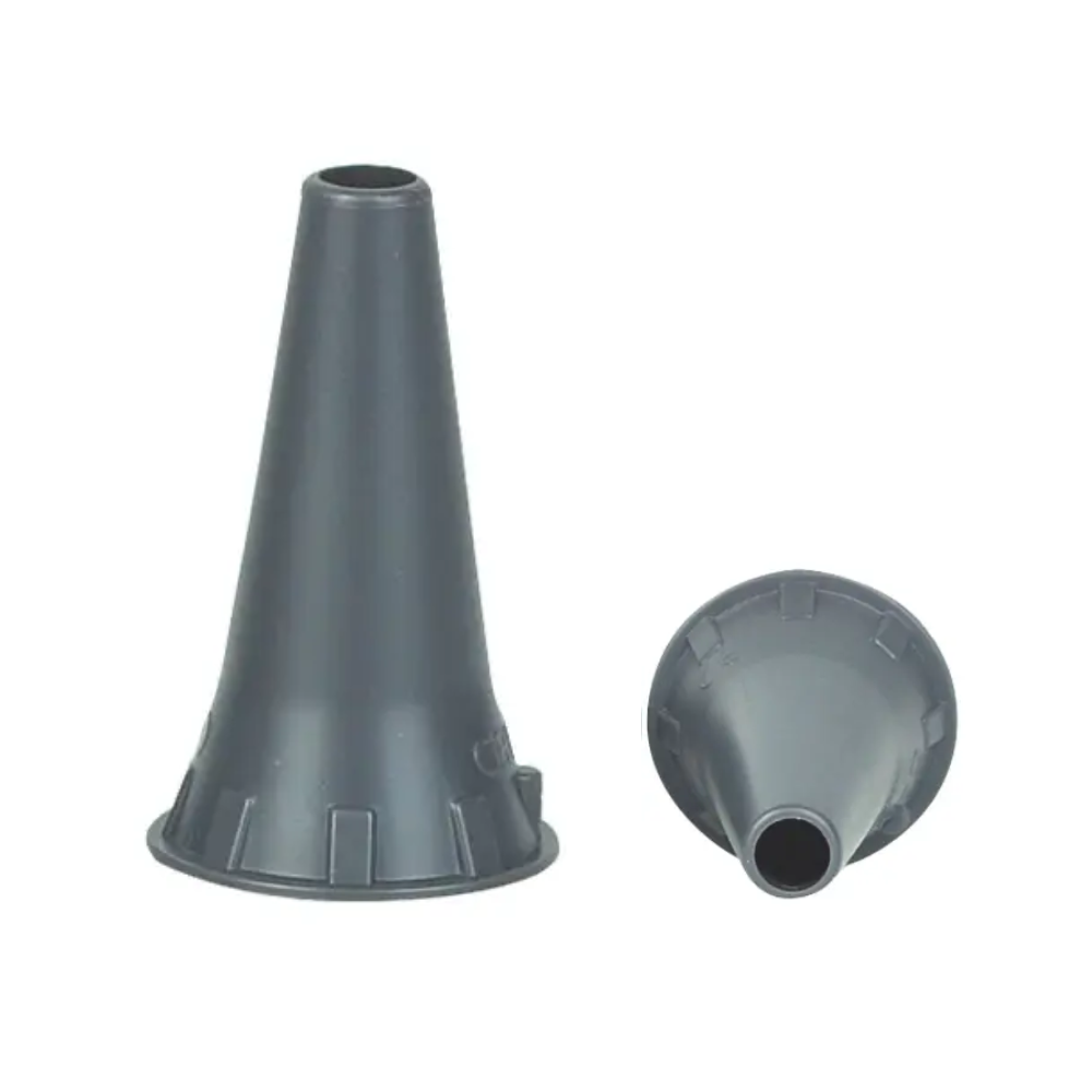 Displayed are two gray, cone-shaped plastic objects from the disposable ear funnel series by Servoprax GmbH. One stands upright and resembles an ear funnel, while the other lies on its side, revealing its 4.0 mm wide opening. Both feature ribbed bases and have a hygienic design.